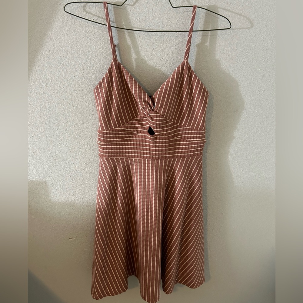 linen cotton pink & cream striped pleated mini sun dress size small - Picture 2 of 5